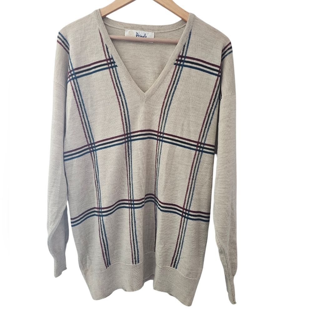 Pringle of Scotland Lambswool Heritage Windowpane Sweater Men’s Medium Oatmeal